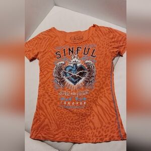 Afflication Sinful Vibrant Orange Tee with Heart Graphic Size LARGE .
